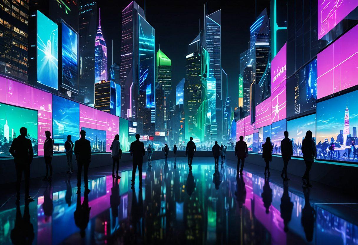 A futuristic cityscape featuring diverse individuals engaging with digital insurance solutions on transparent screens, showcasing personalized options. Bright neon lights highlight digital interfaces, symbolizing innovation and security. Include elements like a digital lock and pathways leading to flourishing green spaces representing a bright future. super-realistic. vibrant colors. futuristic style.