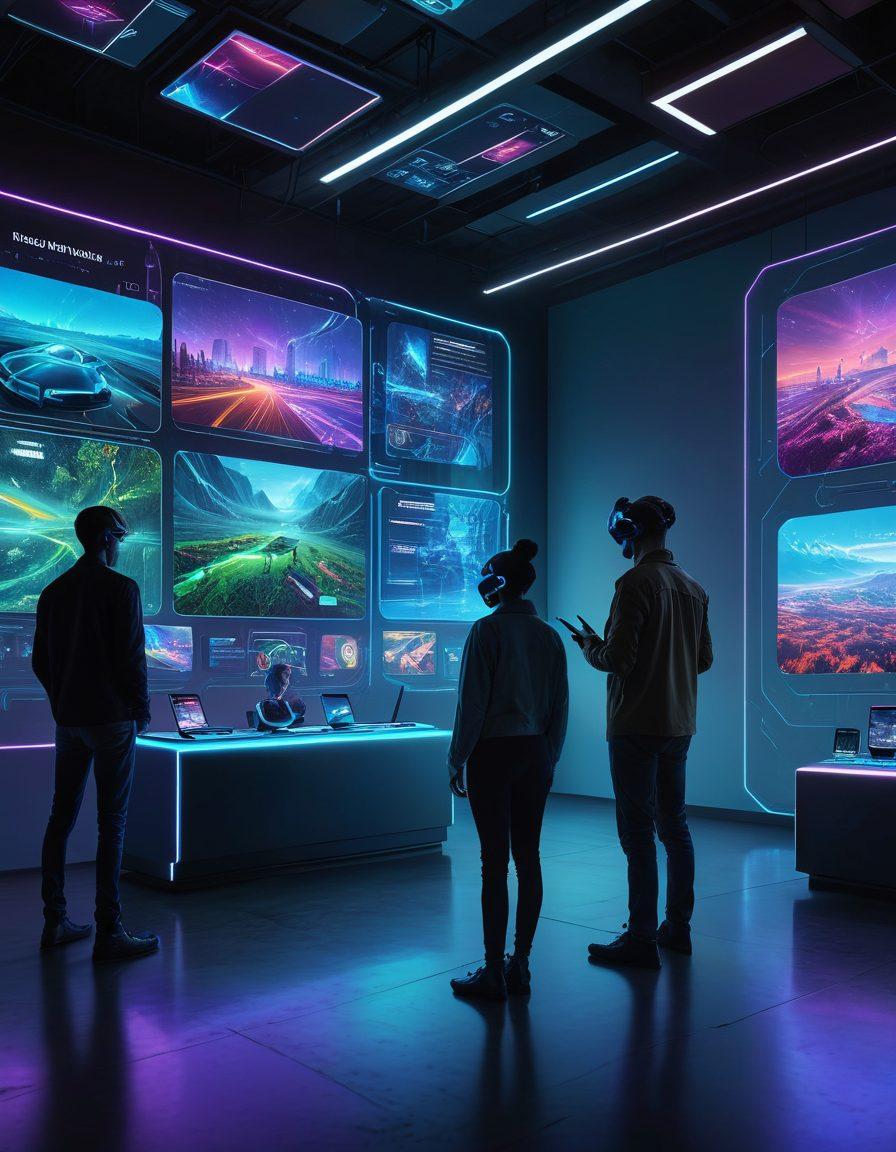 A futuristic digital landscape showcasing a diverse group of people engaging with advanced virtual platforms for insurance coverage options. Include holographic interfaces displaying innovative features, vibrant colors, and technology-inspired elements like VR headsets and touch screens. The background should reflect a seamless integration of technology and human interaction. futuristic. vibrant colors. cyberpunk.